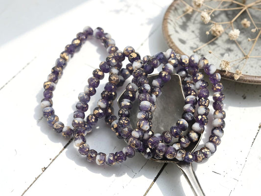 *30* 3x5mm Antique Gold Washed Blended Tanzanite + White Ivory Fire Polished Rondelle Beads