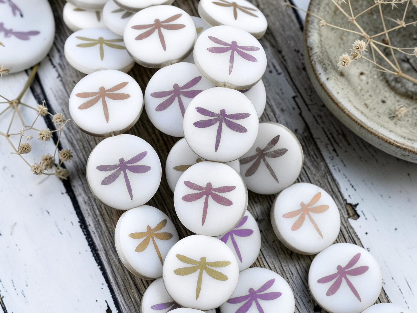 *8* 16mm Alabaster Sliperit Laser Tattoo Dragonfly Coin Beads