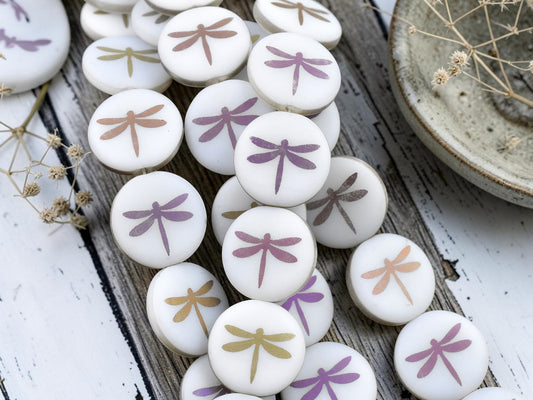 *8* 16mm Alabaster Sliperit Laser Tattoo Dragonfly Coin Beads
