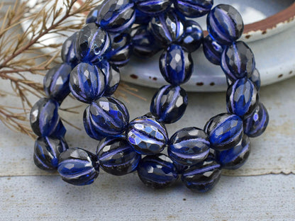 *12* 10mm Purple Luster Washed Pacific Blue Faceted Round Melon Beads