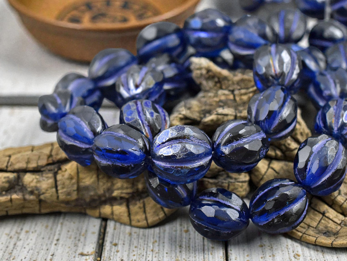 *12* 10mm Purple Luster Washed Pacific Blue Faceted Round Melon Beads
