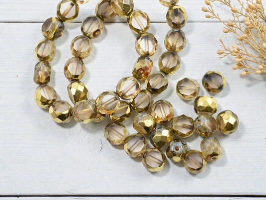*15* 8mm Gold Washed Crystal Picasso 2 Cut Fire Polished Round Beads