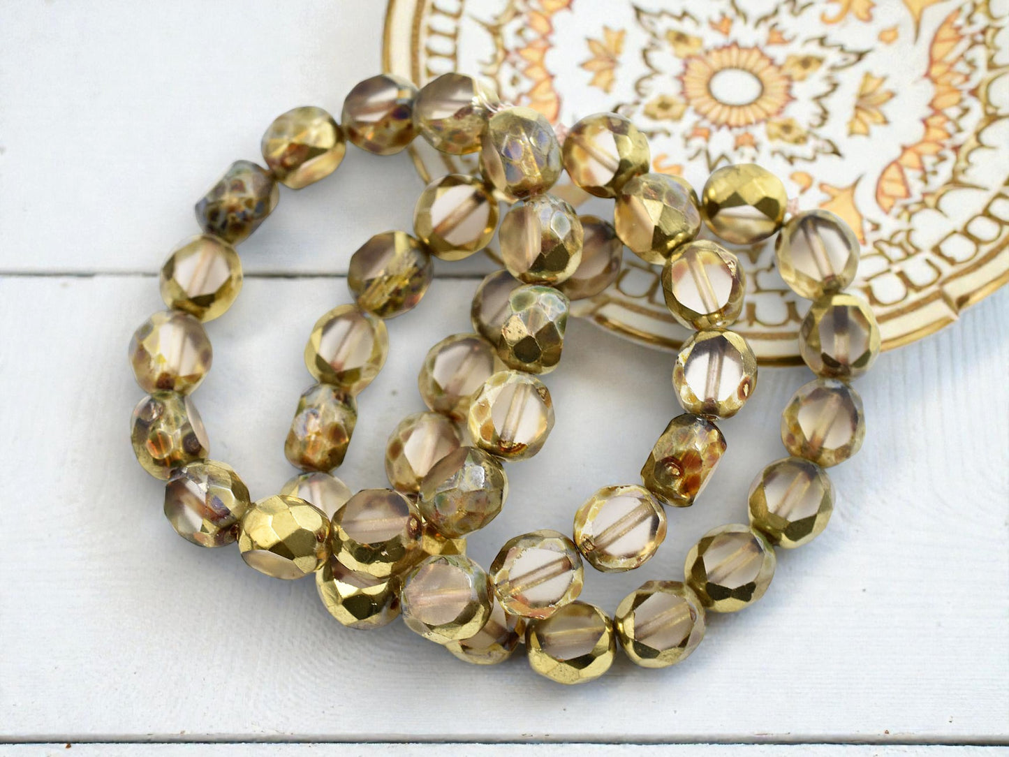 *15* 8mm Gold Washed Crystal Picasso 2 Cut Fire Polished Round Beads