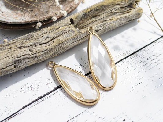 *2* 36x14mm 18k Gold Plated Brass Faceted Clear Glass Teardrop Pendants