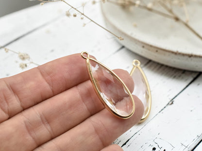 *2* 36x14mm 18k Gold Plated Brass Faceted Clear Glass Teardrop Pendants