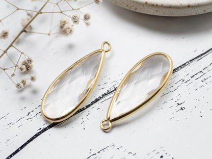 *2* 36x14mm 18k Gold Plated Brass Faceted Clear Glass Teardrop Pendants
