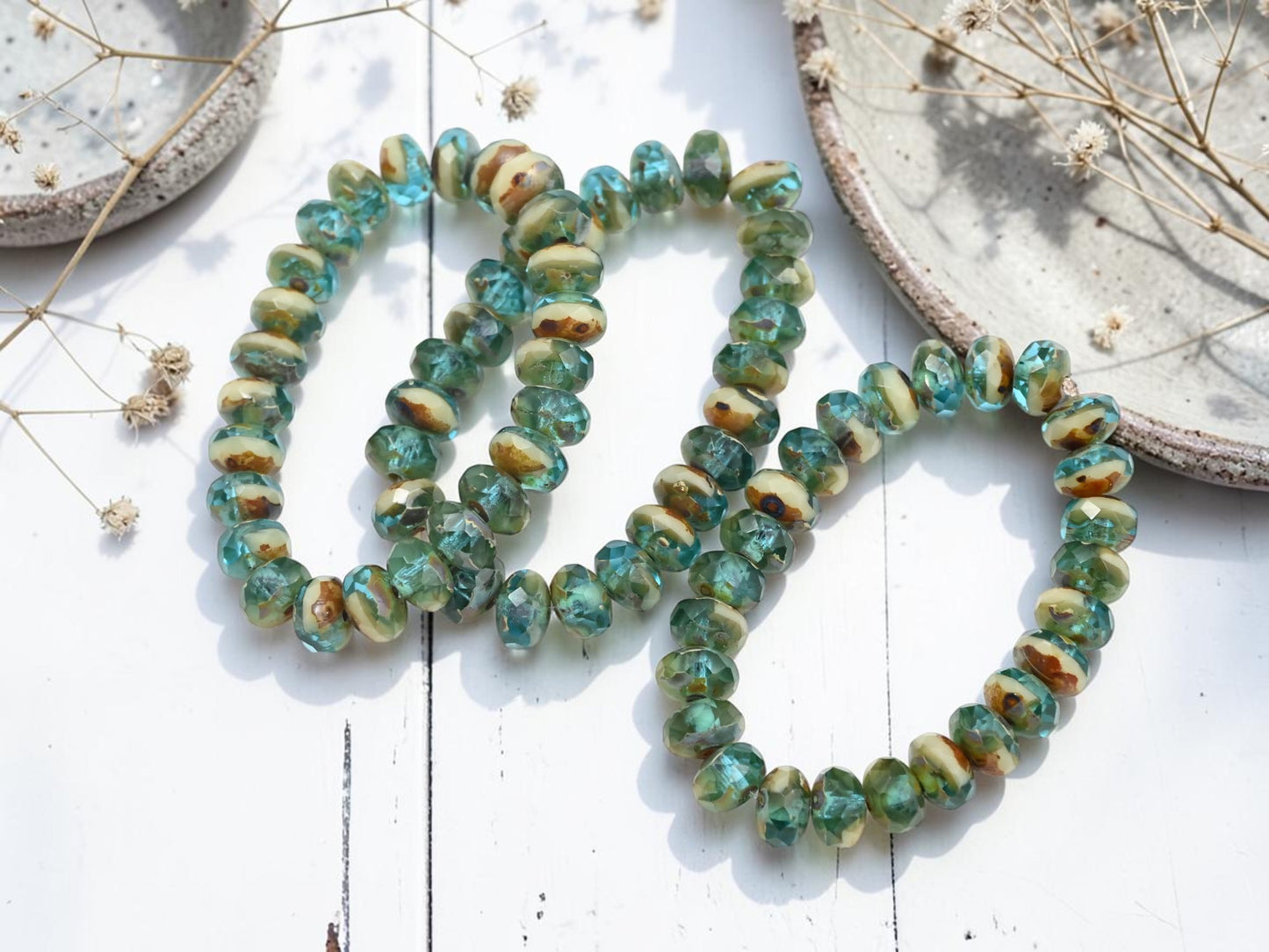 *25* 5x7mm Blended Aqua Ivory Picasso Fire Polished Rondelle Beads