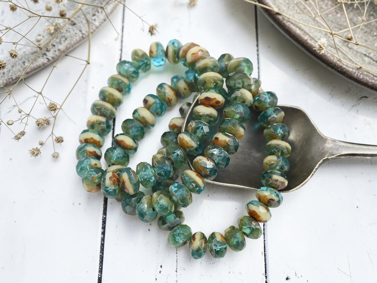 *25* 5x7mm Blended Aqua Ivory Picasso Fire Polished Rondelle Beads
