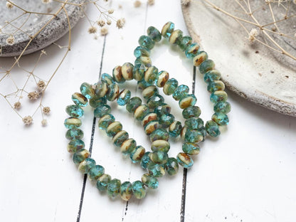 *25* 5x7mm Blended Aqua Ivory Picasso Fire Polished Rondelle Beads