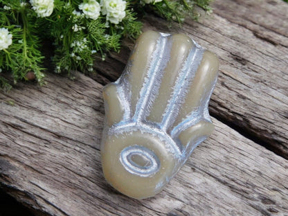 *4* 14x20mm Silver Washed Opaque Beige Hamsa Hand Beads