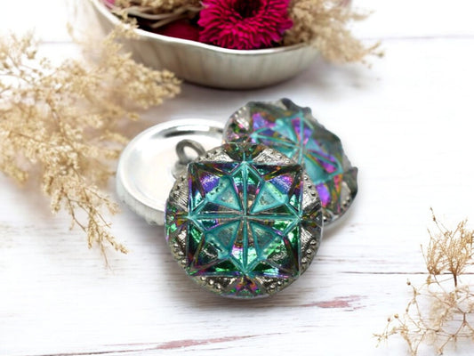 18mm Gem Button Vitrail Green with Sea Green and Silver Accents - Czech Glass Buttons