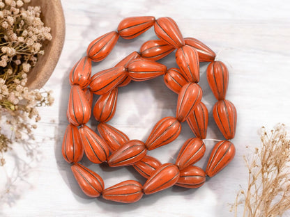 *10* 13x8mm Dark Bronze Washed Orange Opaline Melon Drop Beads