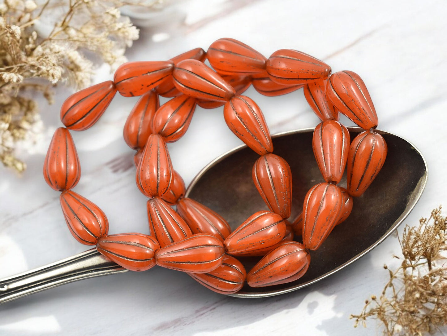 *10* 13x8mm Dark Bronze Washed Orange Opaline Melon Drop Beads