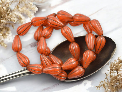 *10* 13x8mm Dark Bronze Washed Orange Opaline Melon Drop Beads