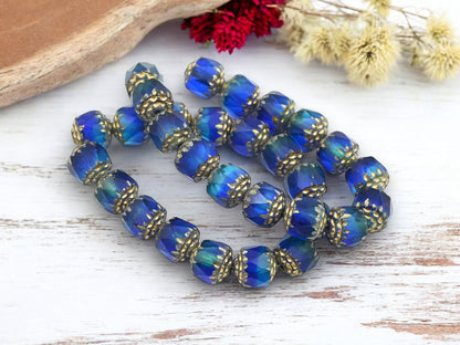 Gold Washed Mixed Matte Aqua & Sapphire Fire Polish Cathedral Beads