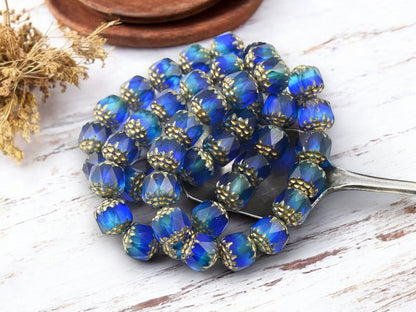 Gold Washed Mixed Matte Aqua & Sapphire Fire Polish Cathedral Beads