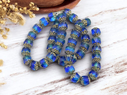 Gold Washed Mixed Matte Aqua & Sapphire Fire Polish Cathedral Beads