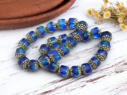 Gold Washed Mixed Matte Aqua & Sapphire Fire Polish Cathedral Beads