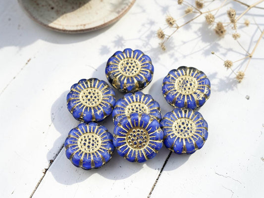*12* 13mm Gold Washed Royal Blue Silk Sunflower Coin Beads