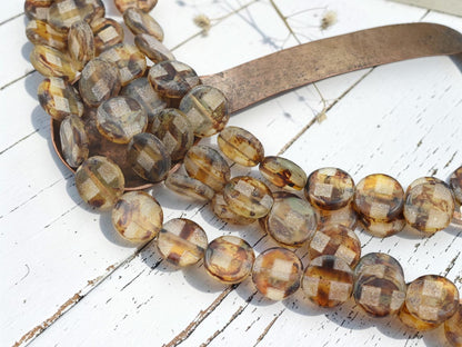 *15* 13mm Crystal Travertine Sandblasted Etched Coin Beads