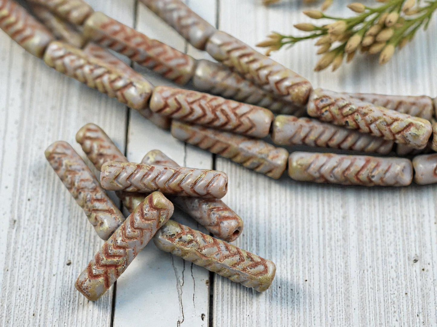 *11* 18x4mm Antiqued Beige Lavender PIcasso Basket Weave Tube Beads