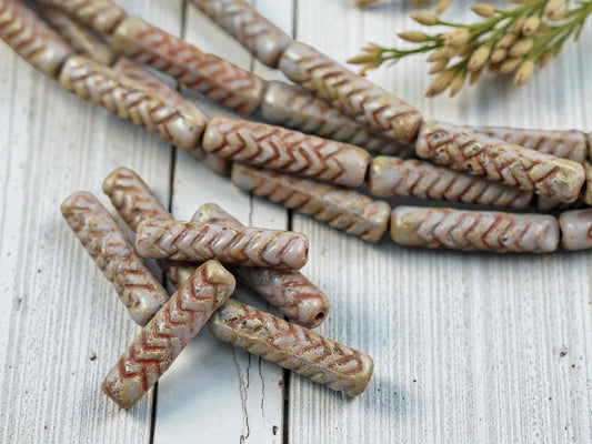 *11* 18x4mm Antiqued Beige Lavender PIcasso Basket Weave Tube Beads
