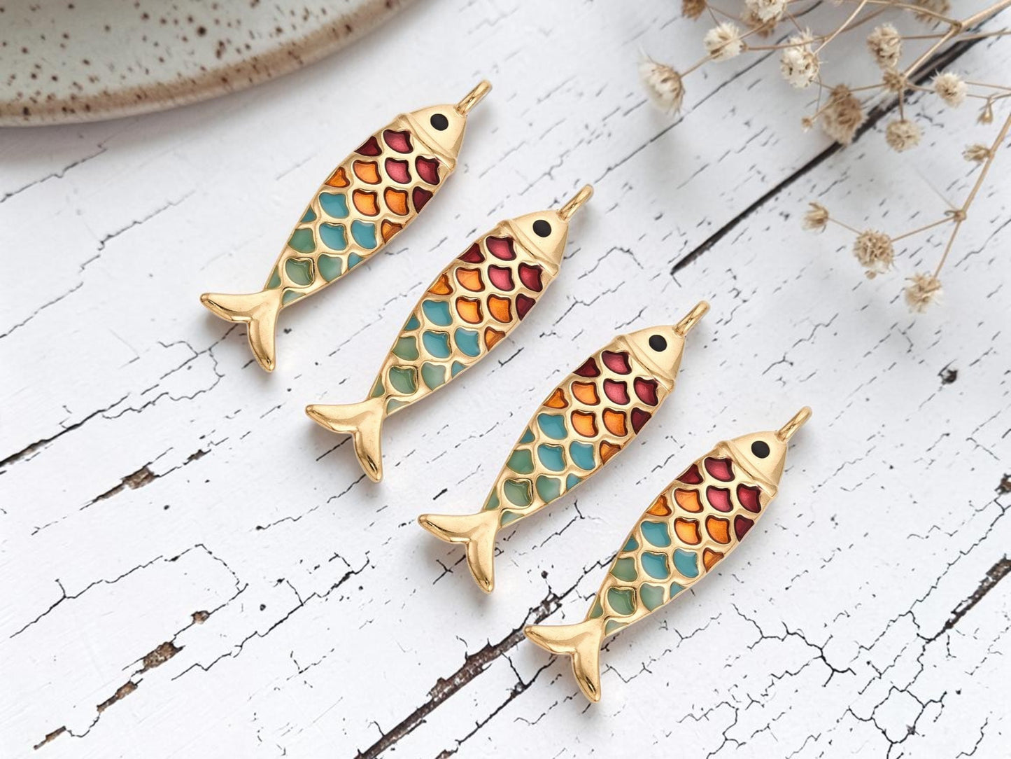 *2* 49x13x6mm 18k Gold Plated Stainless Steel Enamel Fish Charms