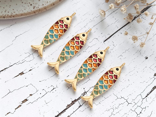 *2* 49x13x6mm 18k Gold Plated Stainless Steel Enamel Fish Charms