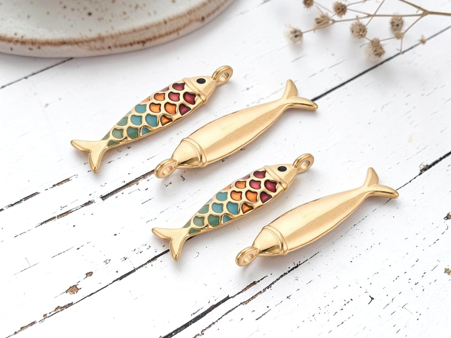 *2* 49x13x6mm 18k Gold Plated Stainless Steel Enamel Fish Charms