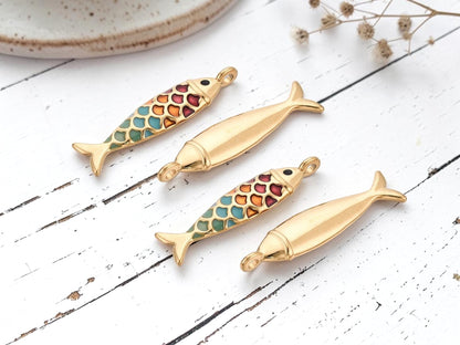 *2* 49x13x6mm 18k Gold Plated Stainless Steel Enamel Fish Charms