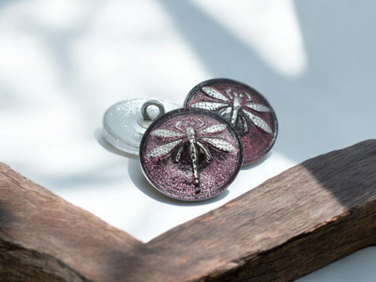 18mm Dragonfly Button Mulberry with a Silver Dragonfly - Czech Glass Buttons