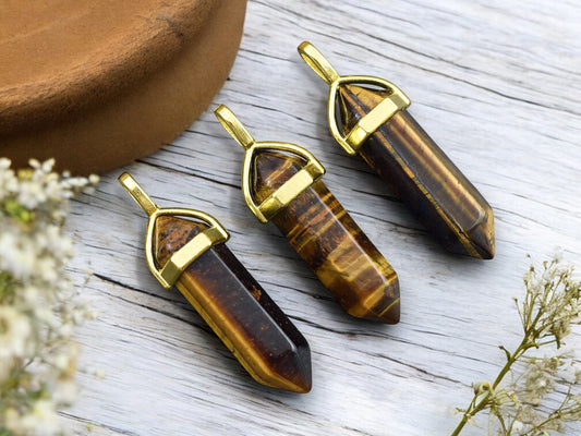 40mm Gold Tone Natural Tiger Eye Double Terminated Bullet Pendant