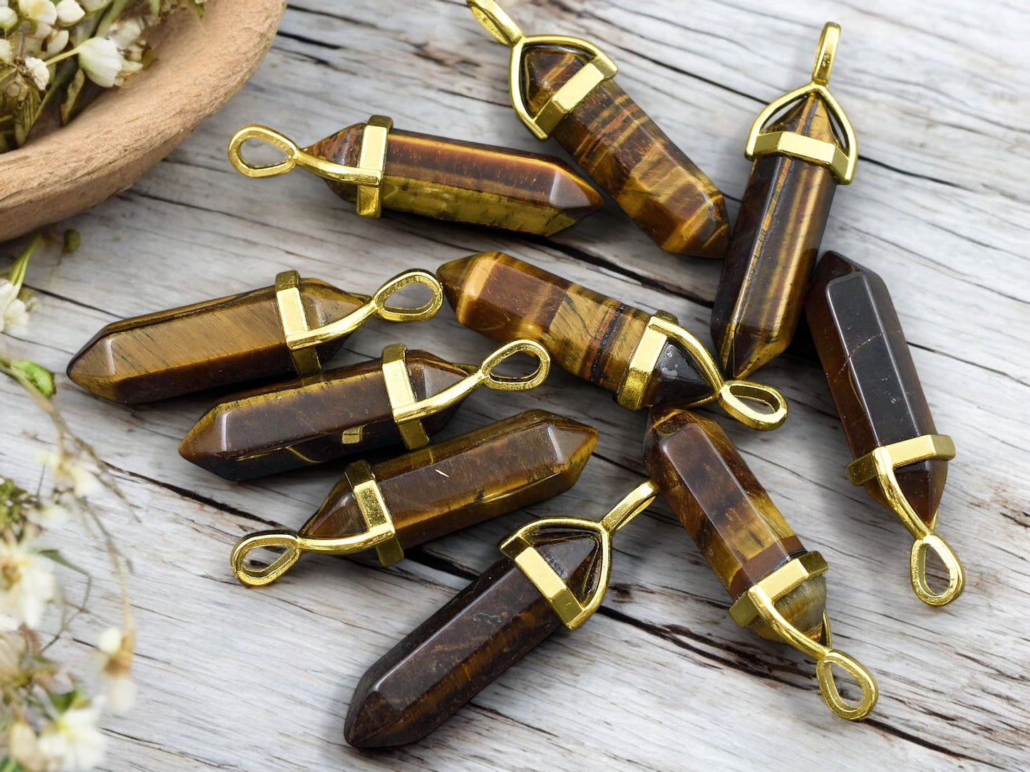 40mm Gold Tone Natural Tiger Eye Double Terminated Bullet Pendant