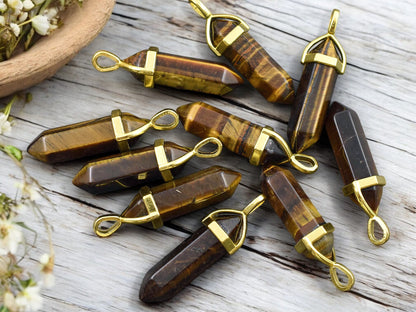 40mm Gold Tone Natural Tiger Eye Double Terminated Bullet Pendant