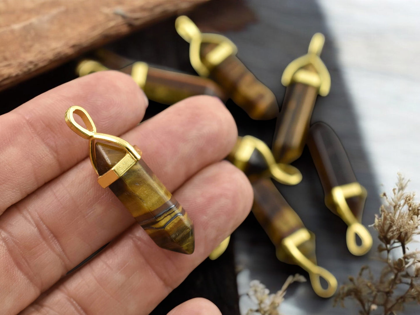 40mm Gold Tone Natural Tiger Eye Double Terminated Bullet Pendant