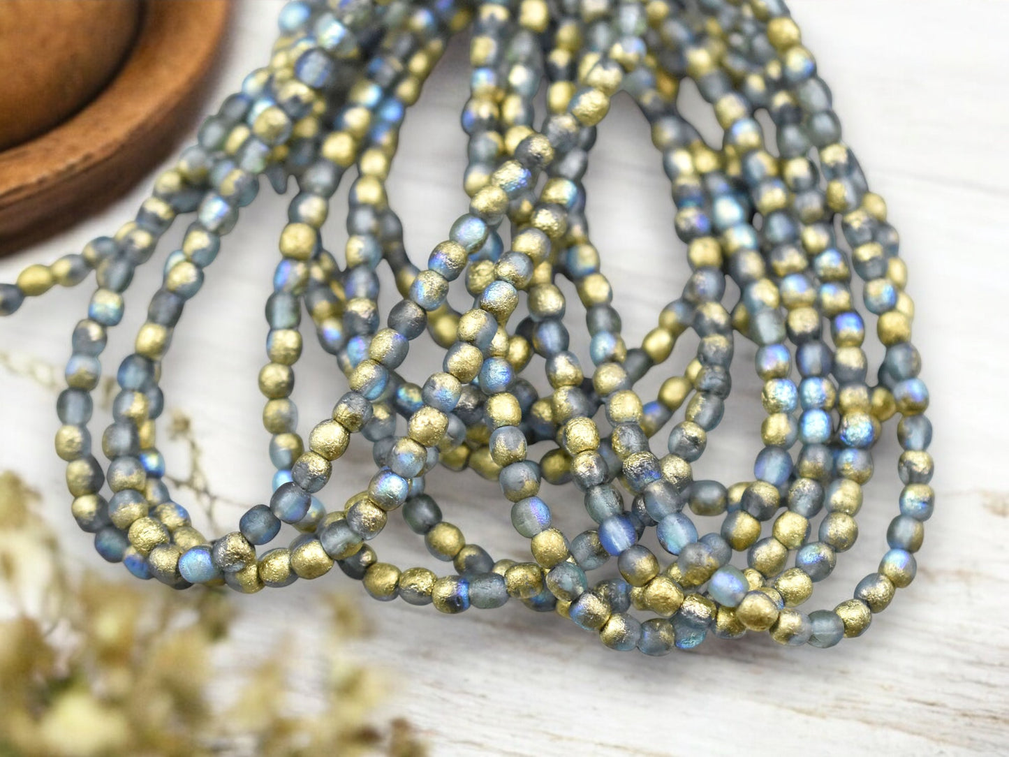 *50* 3mm Gold Washed Etched Montana Blue AB Round Druk Beads