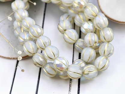 *20* 8mm Gold Washed White Opaline AB Faceted Round Melon Beads
