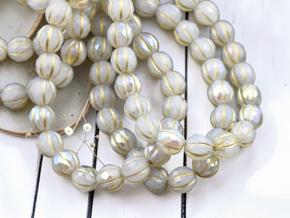 *20* 8mm Gold Washed White Opaline AB Faceted Round Melon Beads