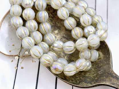 *20* 8mm Gold Washed White Opaline AB Faceted Round Melon Beads