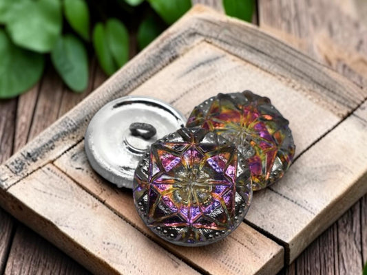 18mm Gem Button Volcano with Silver Accents - Czech Glass Buttons