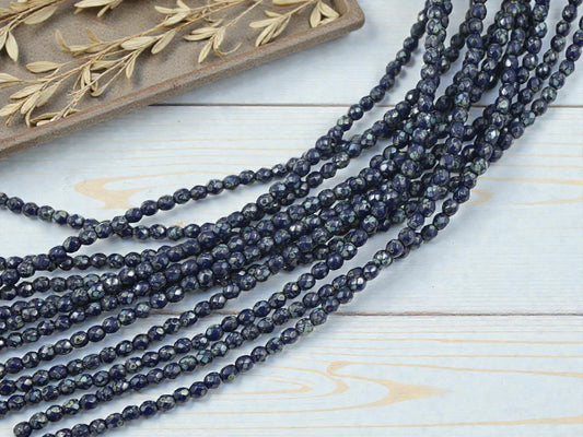 50* 3mm Navy Blue Picasso Fire Polished Round Beads