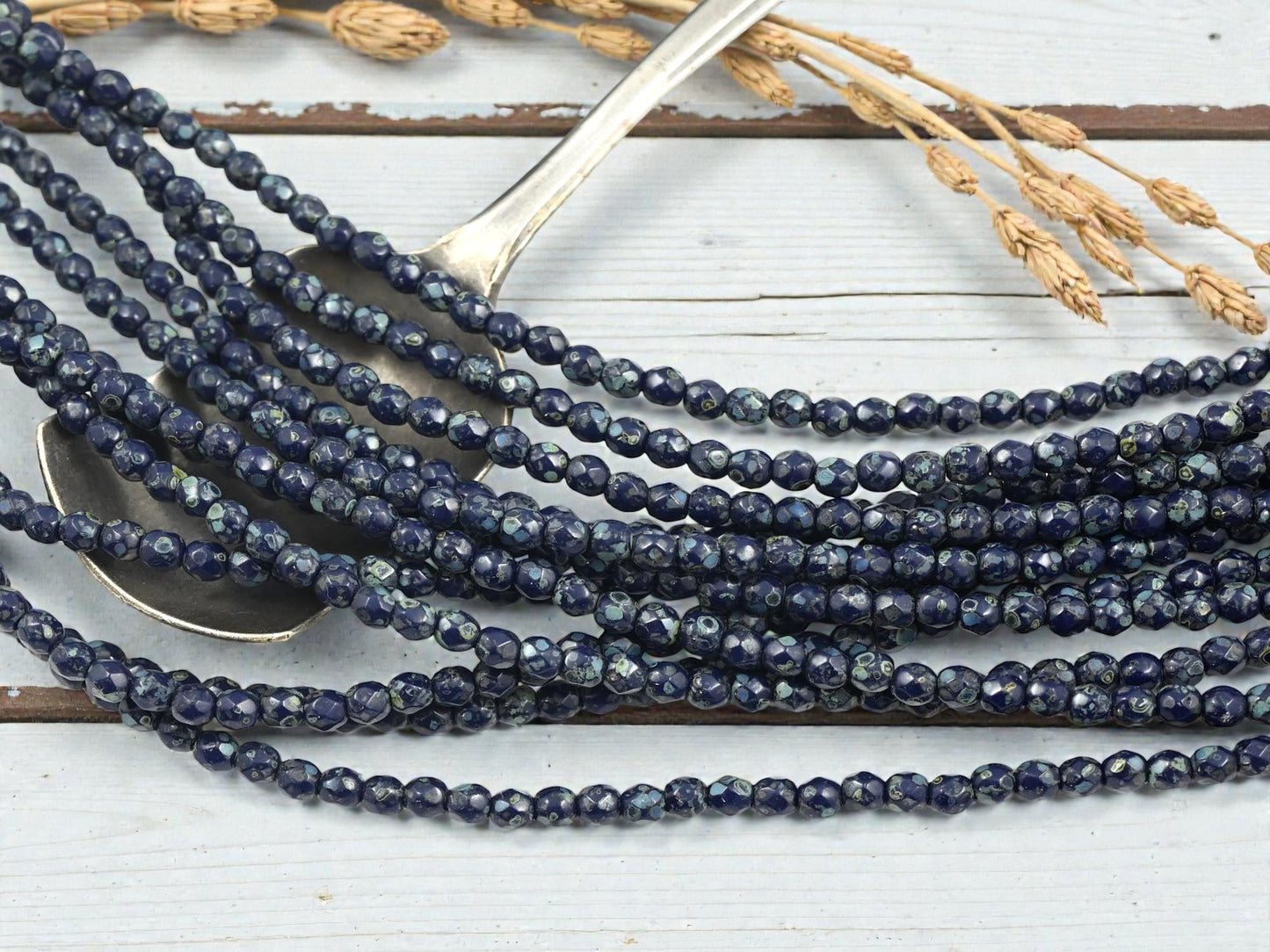50* 3mm Navy Blue Picasso Fire Polished Round Beads
