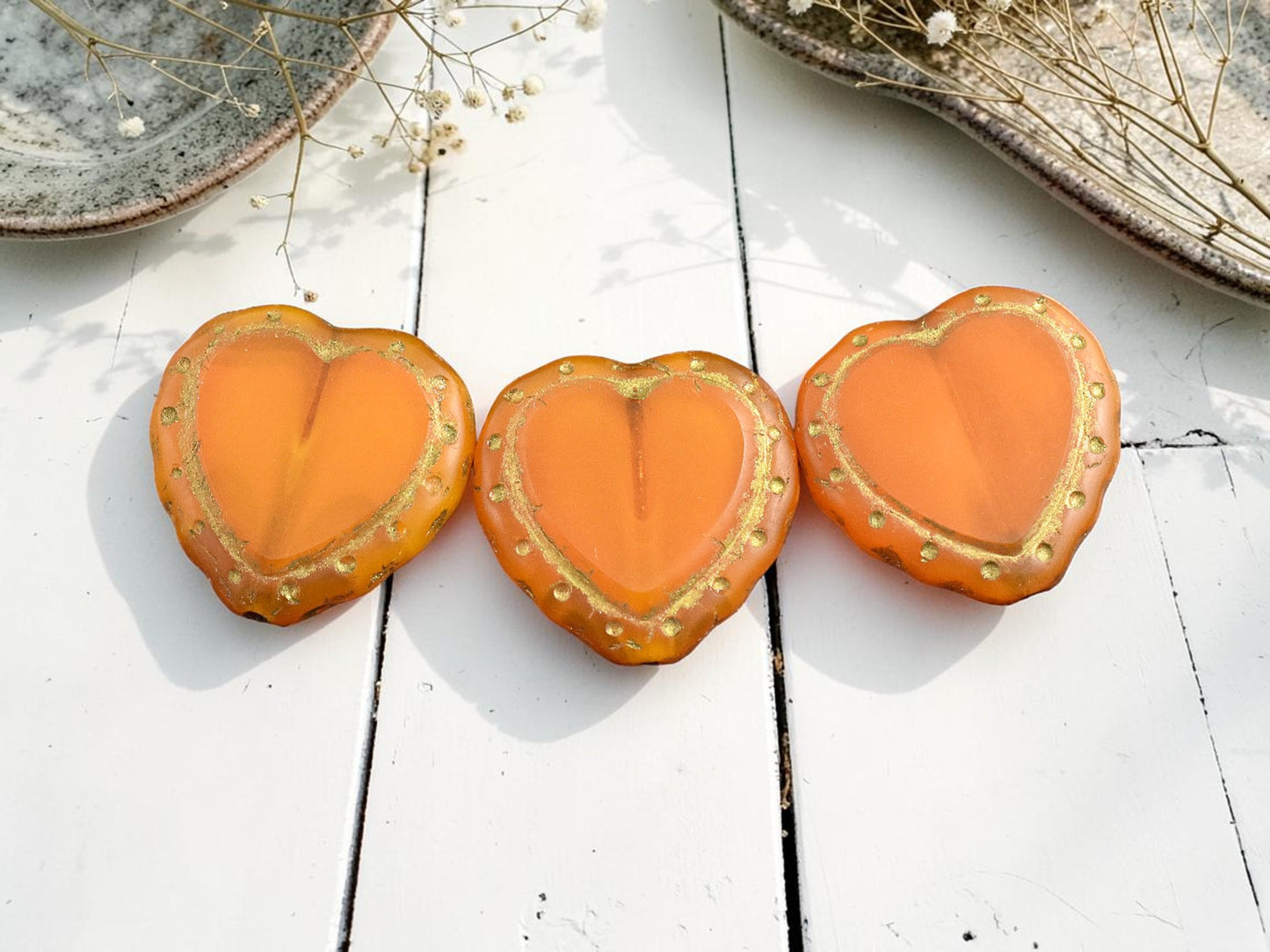 *2* 18mm Dark Bronze Washed Tangarine Opal Heart Beads