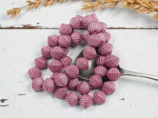 *15* 11mm Metallic Pink Washed Etched Rosewood Carved Bicone Beads