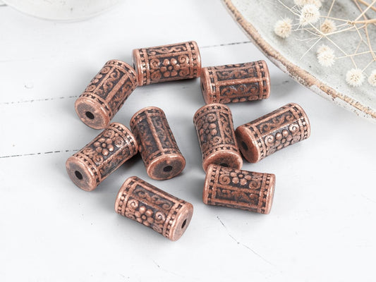 *4* 17x10mm Antique Copper Floral Drum Beads