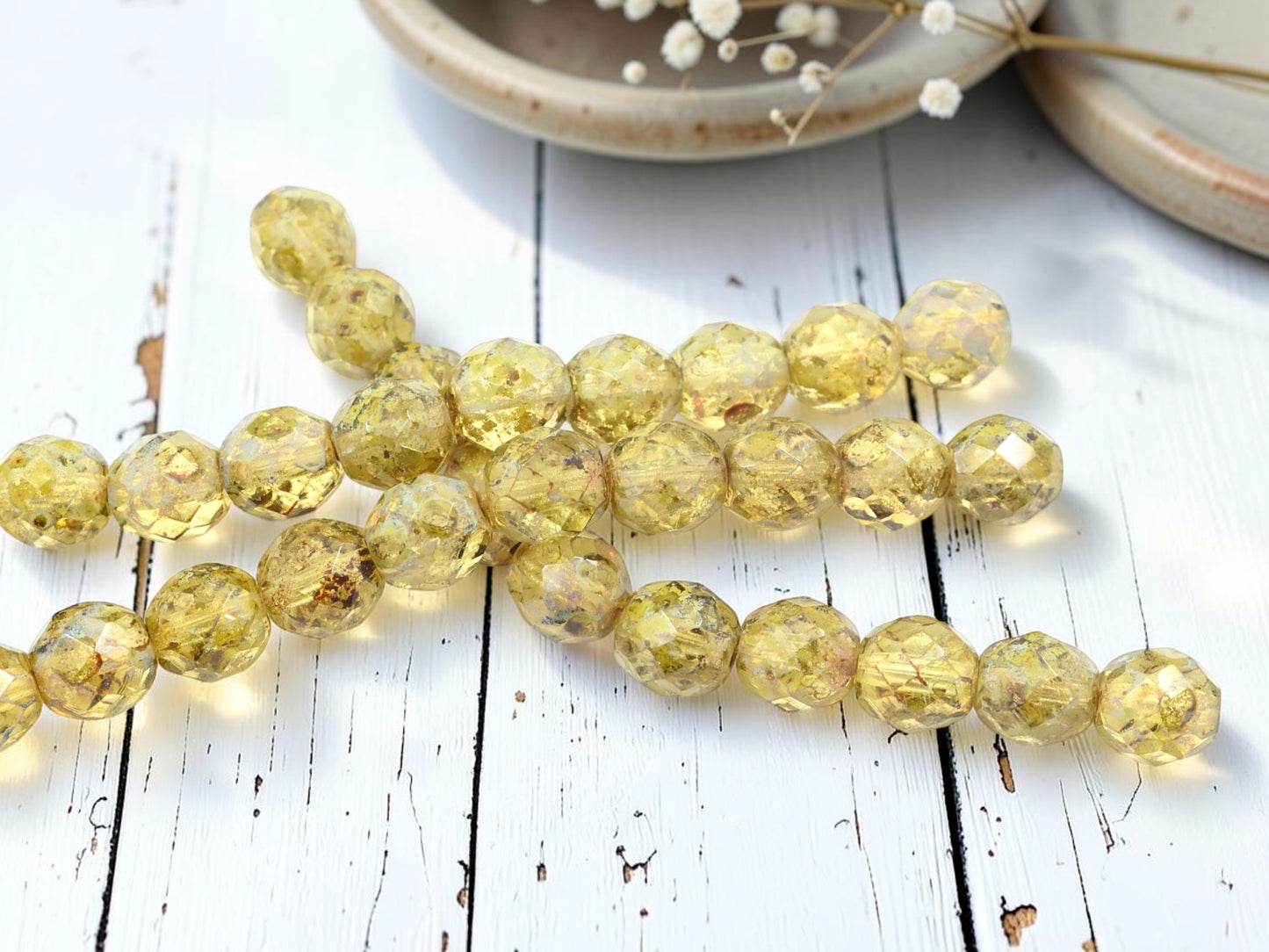 *10* 9mm Jonquil Picasso Fire Polished Round Beads