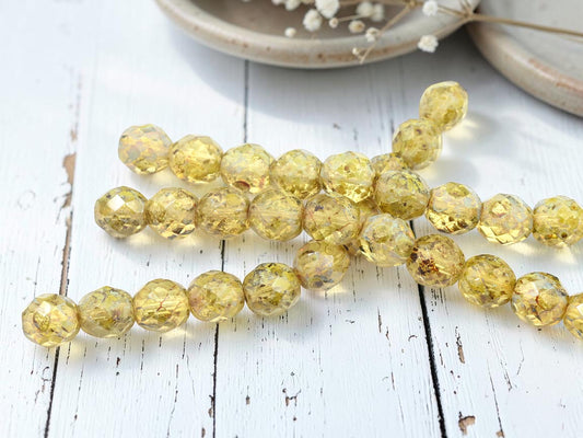 *10* 9mm Jonquil Picasso Fire Polished Round Beads