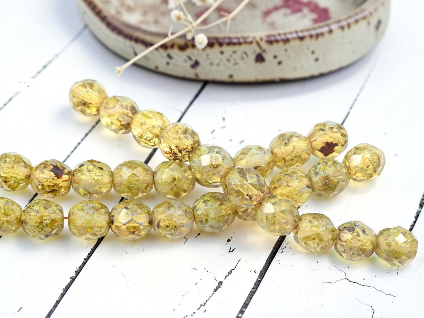 *10* 9mm Jonquil Picasso Fire Polished Round Beads