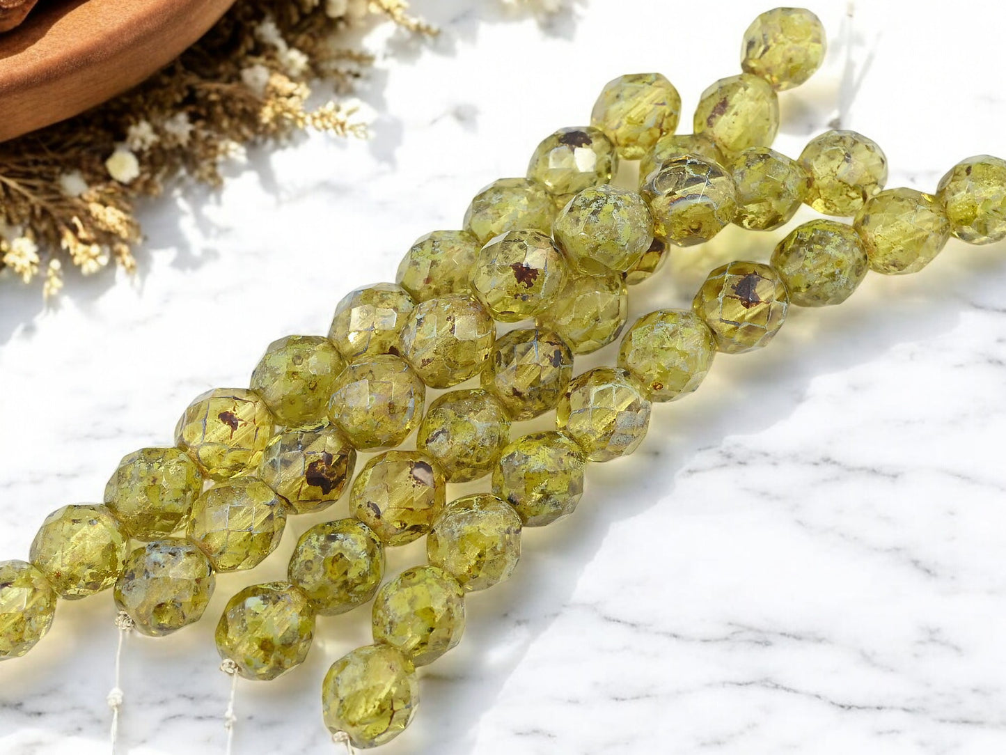 *10* 9mm Jonquil Picasso Fire Polished Round Beads