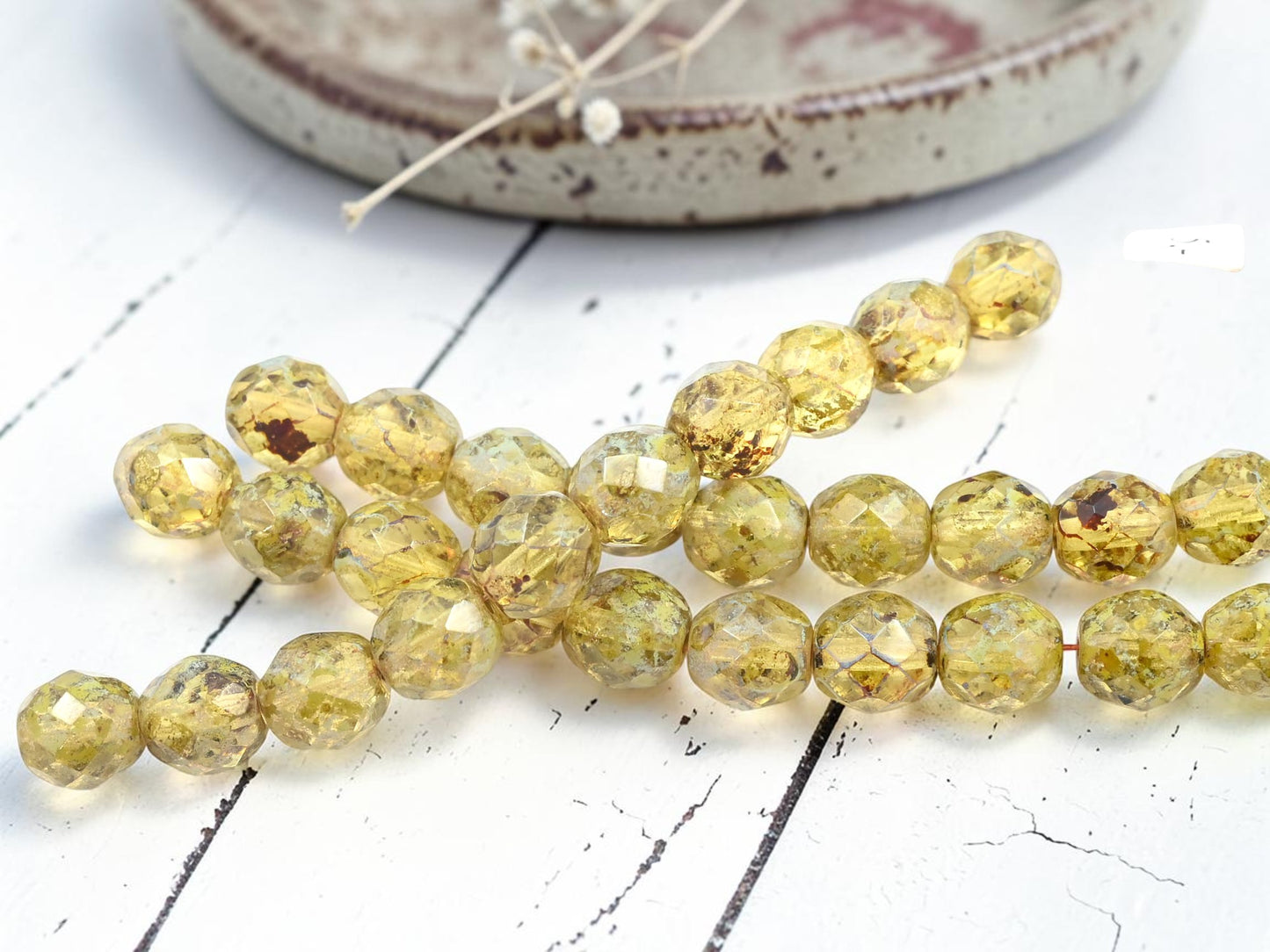 *10* 9mm Jonquil Picasso Fire Polished Round Beads